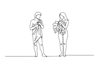 Fototapeta premium Adam and Eve continuous line drawing in minimalist style, a symb
