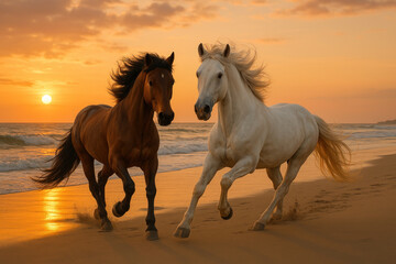 horses running on the beach at sunset.