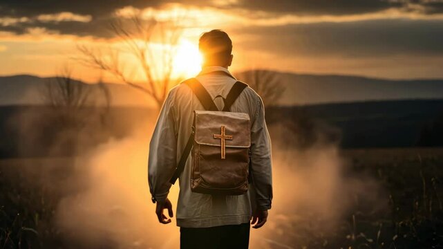 Brave Missionary man with a suitcase on his back walking carrying he Word of God