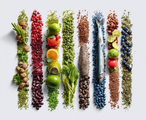 Colorful array of diverse foods arranged in vertical stripes against a light background