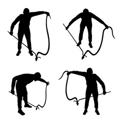 Brave man catching snake with stick vector silhouette illustration isolated. Poison snake catcher control. Deadly venom snake shape serpent for medicine pharmacy. Removal danger intruder animal.