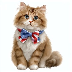 Adorable fluffy cat adorned with a patriotic bow tie and captivating blue eyes.