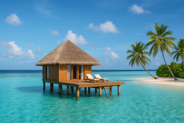 Wooden house on tropical island.