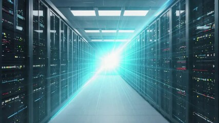 Data center network with digital overlay to pulse and flow dynamically, With server lights flickering in sync with the data stream - Powered by Adobe