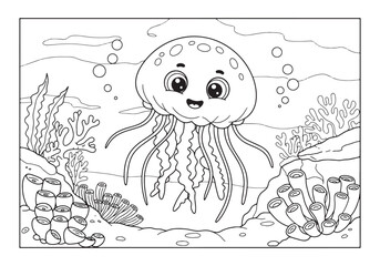 Adorable Jellyfish Coloring Page for Kids and Underwater Theme D