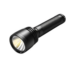 A powerful tactical flashlight pierces the darkness guiding the way with a on transparent background