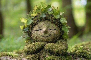 Obraz premium Delightful forest creature made of moss and leaves resting peacefully in a woodsy area during daylight