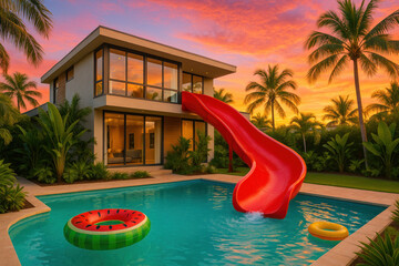 Watermelon floating in pool of modern home.
