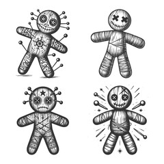 voodoo dolls with stitched faces and piercing pins Set collection bundle sketch engraving generative ai vector illustration. Scratch board imitation. Black and white image.