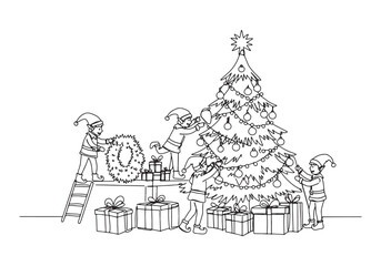 Naklejka premium Festive Elves Decorating a Christmas Tree, A Coloring Book Adven