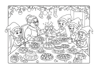 Festive feast with Mrs. Claus and playful elves coloring page fu