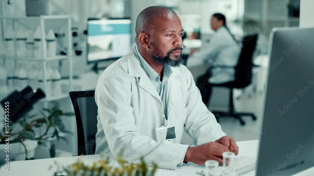 Poster man, scientist and computer with plants in lab for medical research, experiment and botany report. m