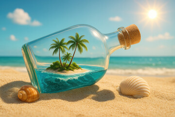 Palm tree in a bottle on sandy beach.