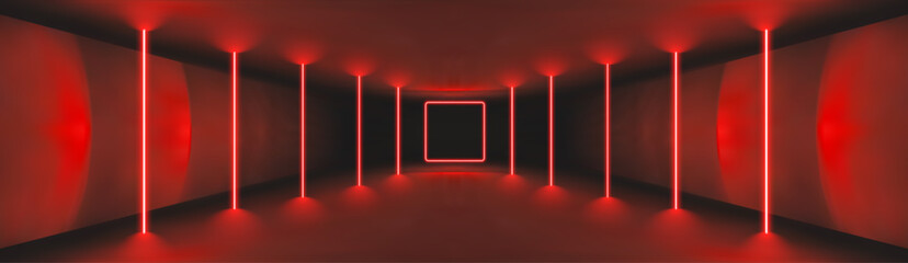 Futuristic red neon tunnel with glowing vertical lights and square portal in dark sci-fi corridor. Red casino background. Vector Illustration.