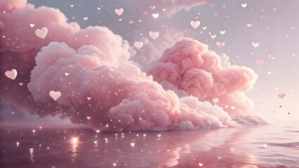 Pink clouds and hearts floating above water with sparkles creating a dreamy scene