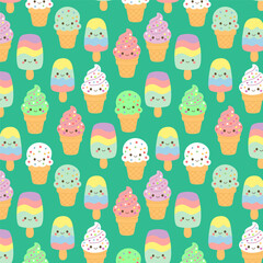 Colorful ice cream and popsicle characters in cheerful seamless vector design. Ideal for wrapping paper, textiles, and digital backgrounds.