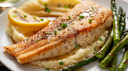 This Grilled fish with creamy mashed potatoes and asparagus garnished with lemon and herbs is served.