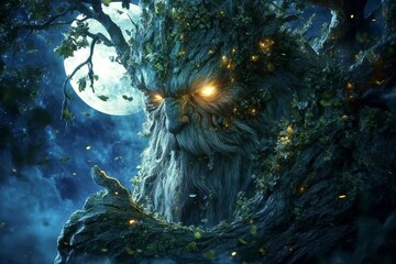 Mysterious ancient tree spirit watches over a moonlit forest landscape at night