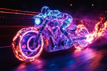 Motorcycle speeding through glowing streets at night with vibrant light trails