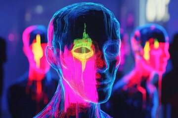 Colorful digital sculptures display vibrant neon hues in an artistic exhibition showcasing modern technology