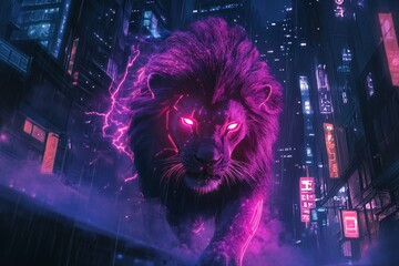 Majestic lion with glowing eyes walks through a futuristic neon city at night
