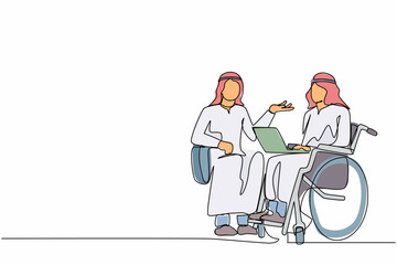 Single one line drawing employee with disabilities and inclusion work together. Disabled Arab male on wheelchair with coworker sit communicate using laptop. Continuous line draw graphic design vector