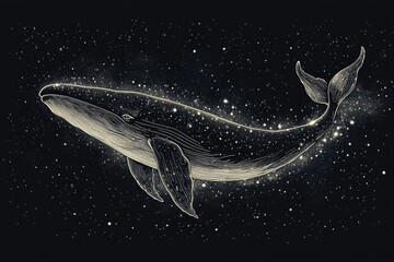 Whale swimming through a starry galaxy with glowing lines and a cosmic background