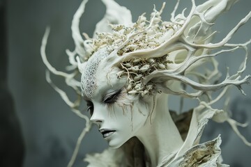 Intricate white sculpture of a mystical figure blending nature and human features in an artistic creation