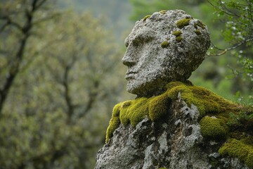 Unique stone sculpture resembling a face adorned with moss in a forested area on a cloudy day