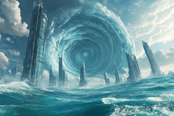 Surreal landscape with towering structures and swirling waters under a stormy sky