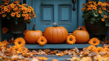 Fall decor featuring pumpkins and flowers at a cozy entrance during Halloween season