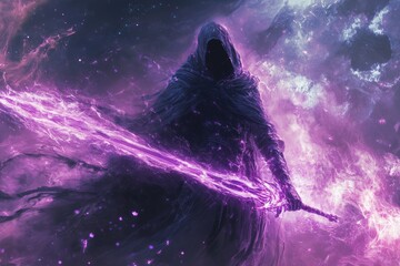 Mysterious figure wielding a glowing purple sword amidst a cosmic backdrop of swirling colors and lights