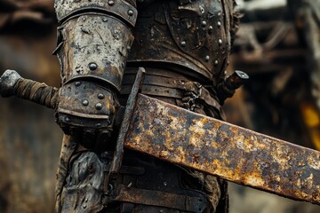 Rusty sword in hand of armored knight at historic battle site during overcast day