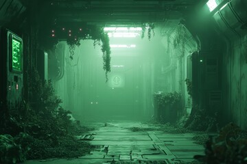 Mysterious green-lit corridor overgrown with plants in an abandoned facility at night