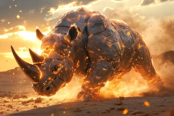 Rhinoceros made of molten rock walks across a desert landscape at sunset