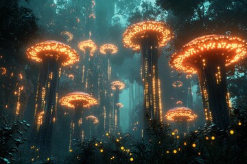 Mysterious glowing fungi illuminate a dense forest at twilight creating an enchanting atmosphere