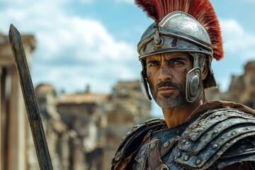 Roman soldier poses dramatically with armor and sword in historical ruins under a bright sky