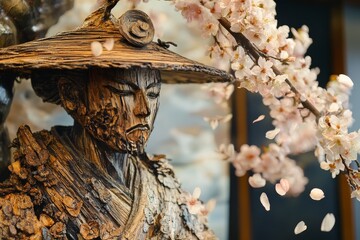 Wooden statue of a samurai surrounded by cherry blossoms in a tranquil garden setting