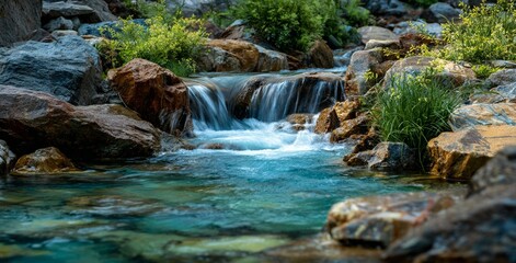 Waterfall in the landscape, close-up of water flow, blue and white colors, rocks with colorful patterns on them