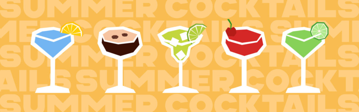 Big collection of summer cocktails in cut out style. Vector illustration of classical summer refreshing drinks in different glasses.