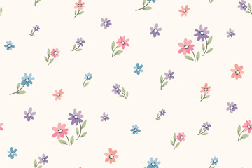 Seamless floral pattern, liberty ditsy print of pretty mini chamomiles. Cute romantic botanical design of small simple daisy flowers, tiny leaves. Pastel textile print. Vector illustration. © Yulya i Kot