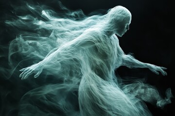 Ethereal figure moving gracefully through mist in a dark, mystical atmosphere