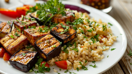 Fototapeta premium This Colorful plate of grilled veggies and grains provides a healthy, nutrient-rich meal.