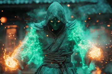 Mysterious hooded figure conjures fire and energy in a mystical atmosphere