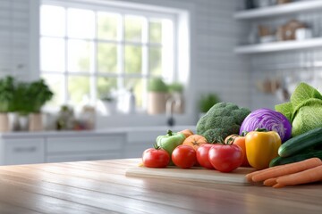 Fresh vegetables on kitchen counter with sunlit windows in bright modern kitchen