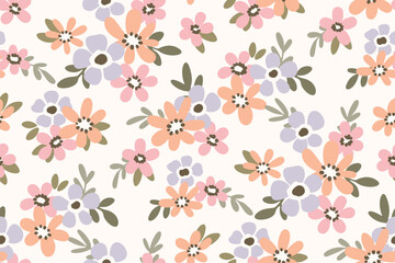Seamless floral pattern, liberty ditsy print in romantic pastel colors. Delicate botanical design of mini simple plants, small hand drawn daisy flowers, tiny leaves abstract. Vector illustration. © Yulya i Kot