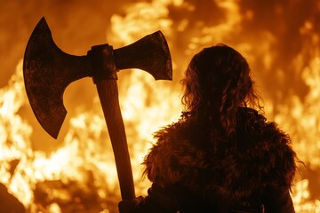 Warrior stands ready with a massive axe in front of a roaring fire during a fierce battle at twilight