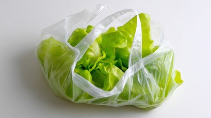 Fresh green lettuce in transparent plastic bag on white background
