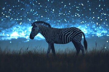 Zebra illuminated by bright starlit sky in a serene nocturnal landscape