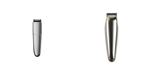 Metallic hair clippers isolated on transparent background showcasing two distinct designs with various shapes and finishes for grooming tools